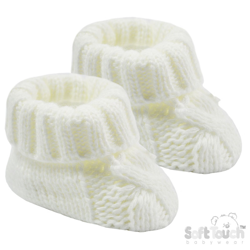 White Cable Knit Acrylic Bootees w/Turnover & Bow : S415-W