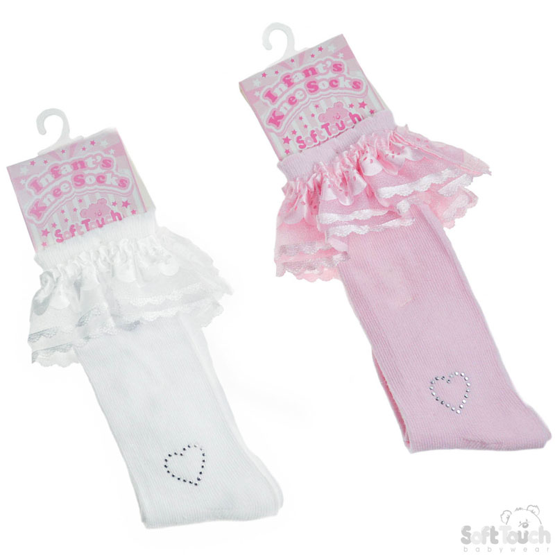 Knee Length Socks W/Lace & Diamonte Heart No.S44
