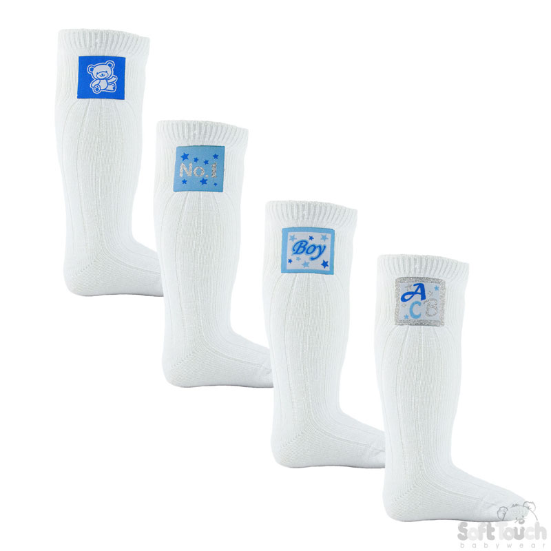 White Ribbed Knee Length Socks W/Patches No. S45-W