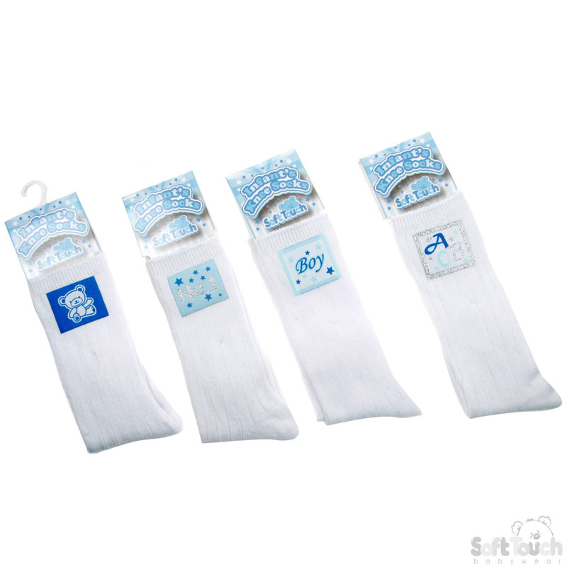 White Ribbed Knee Length Socks W/Patches No. S45-W
