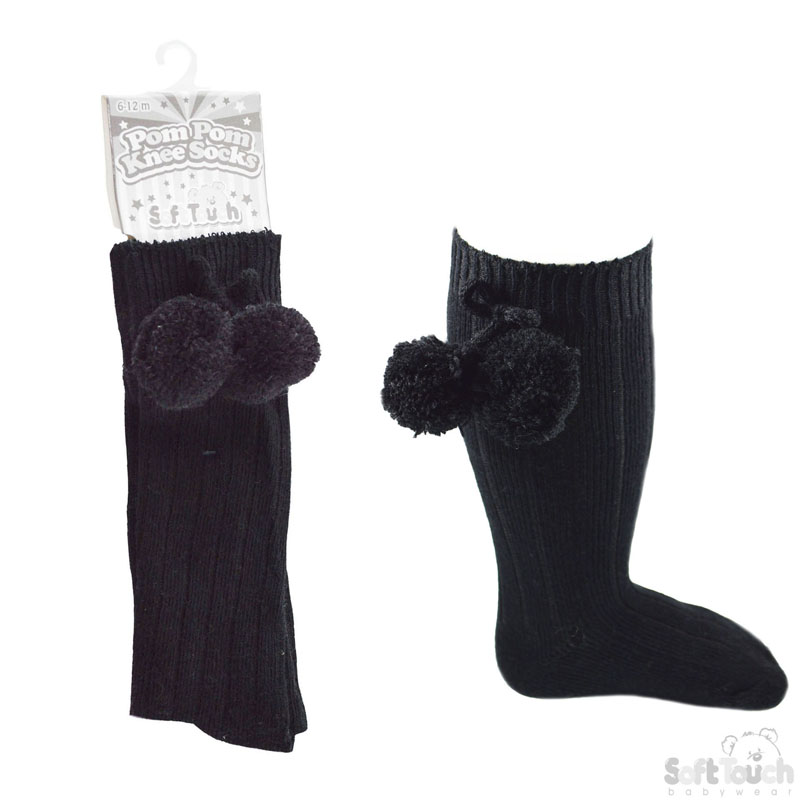 Black Knee Length Pom Pom Socks No. S47-BLK