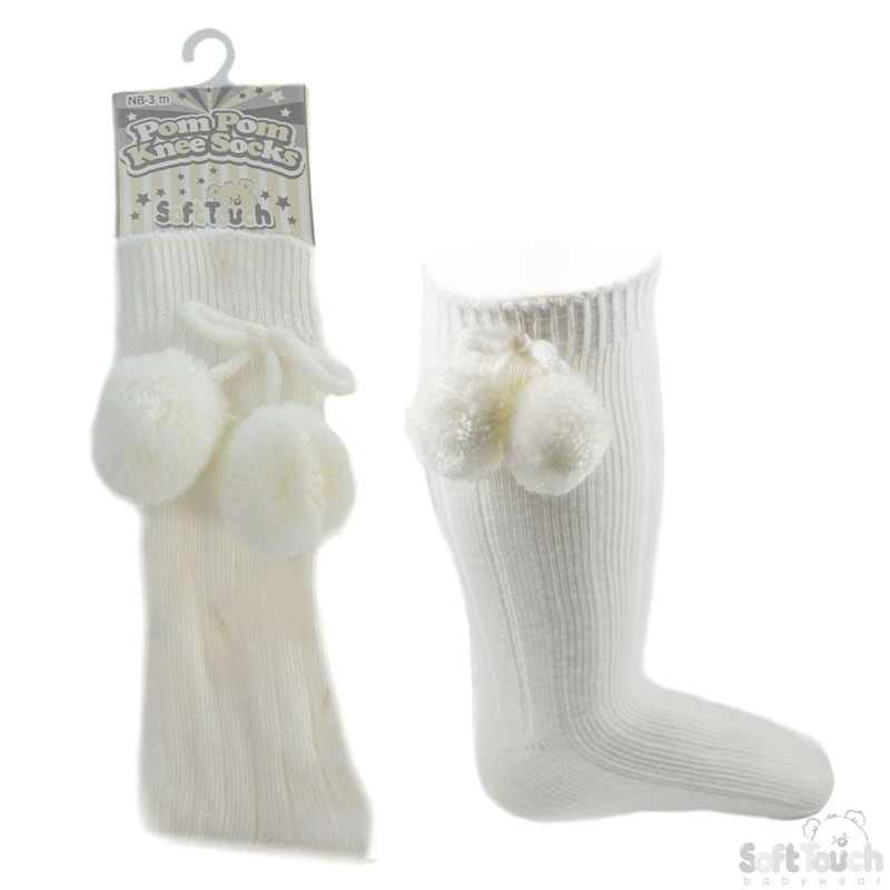 Cream Knee Length Pom Pom Socks No. S47-C