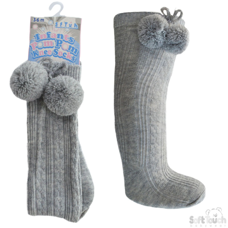 Grey Ribbed Knee Length Pom Pom Socks S47-G