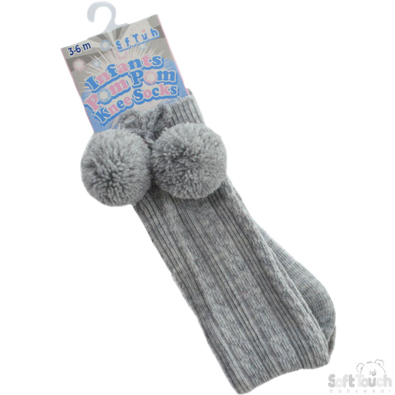 Grey Ribbed Knee Length Pom Pom Socks S47-G
