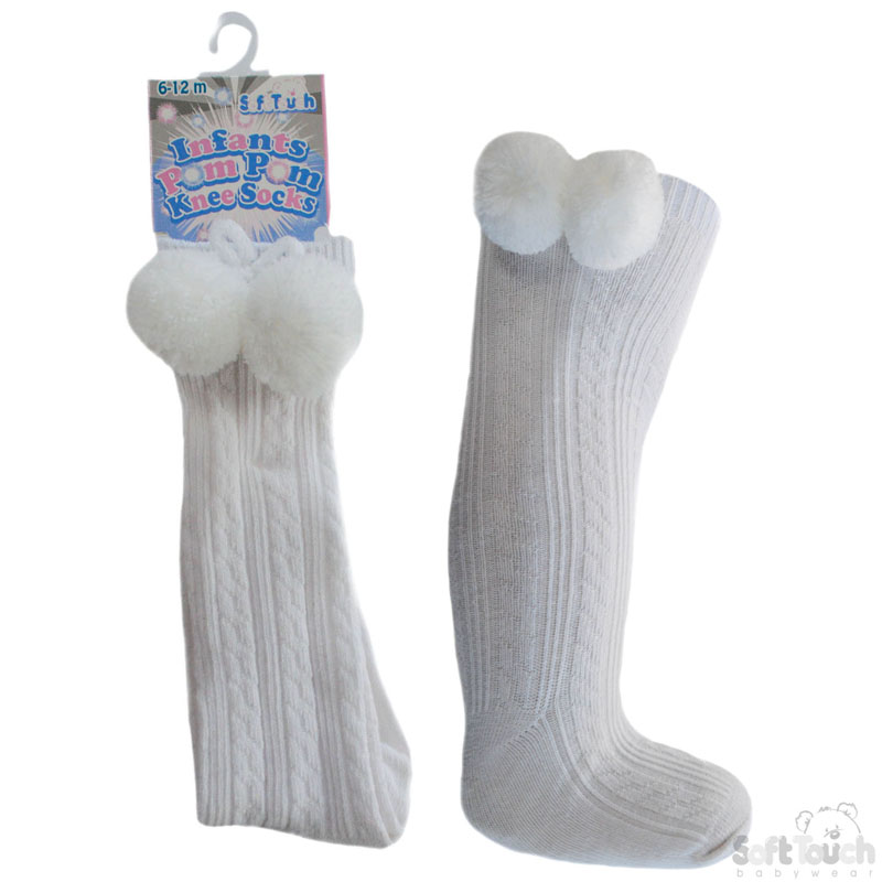White Knee Length Pom Pom Socks No. S47-W