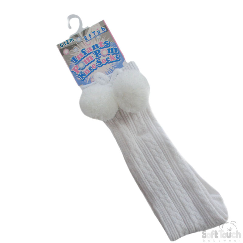 White Knee Length Pom Pom Socks No. S47-W
