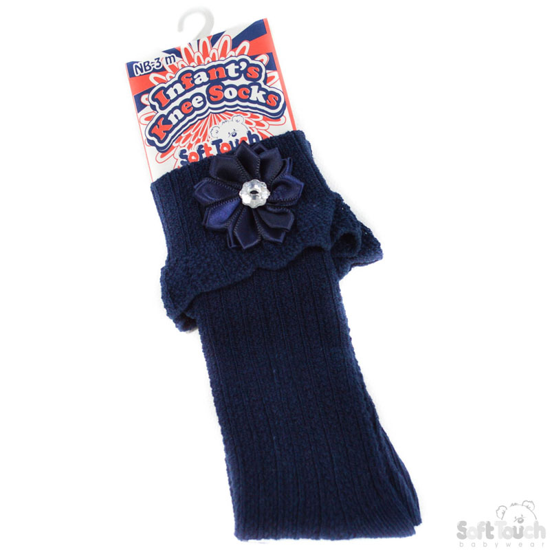Navy Ribbed Knee Length Socks W/Flower No. S48-N