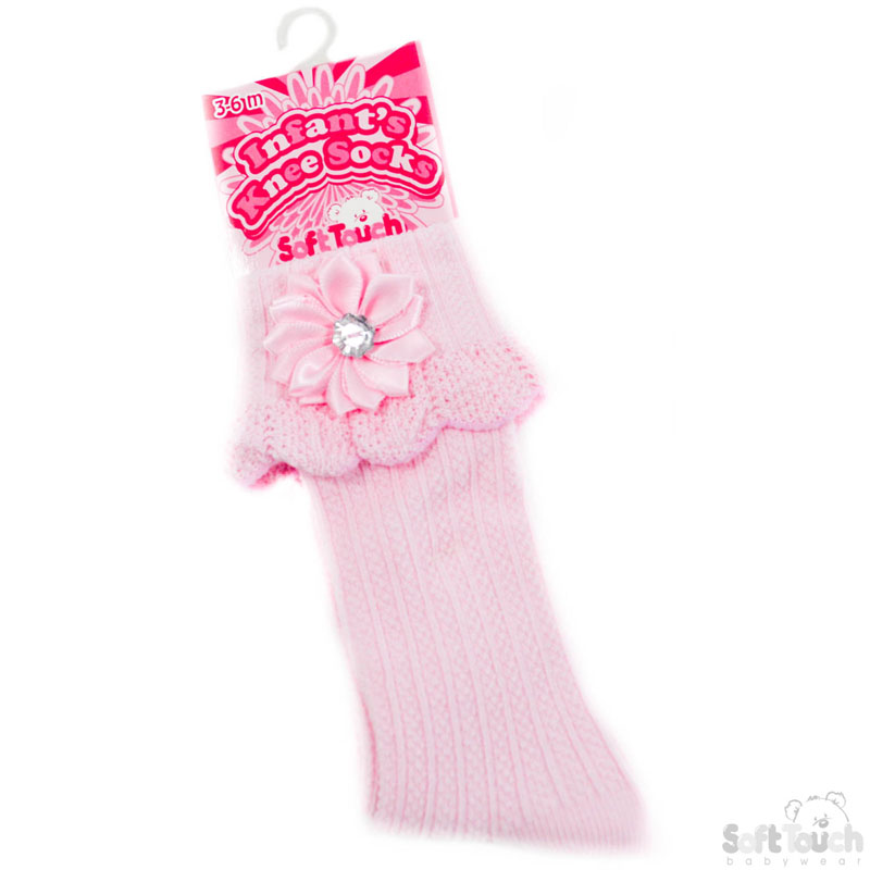 Pink Ribbed Knee Length Socks W/Flower No. S48-P