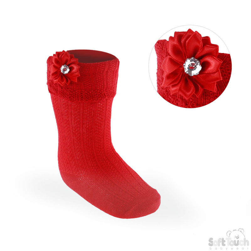 Red Ribbed Knee Length Socks W/Flower No. S48-R