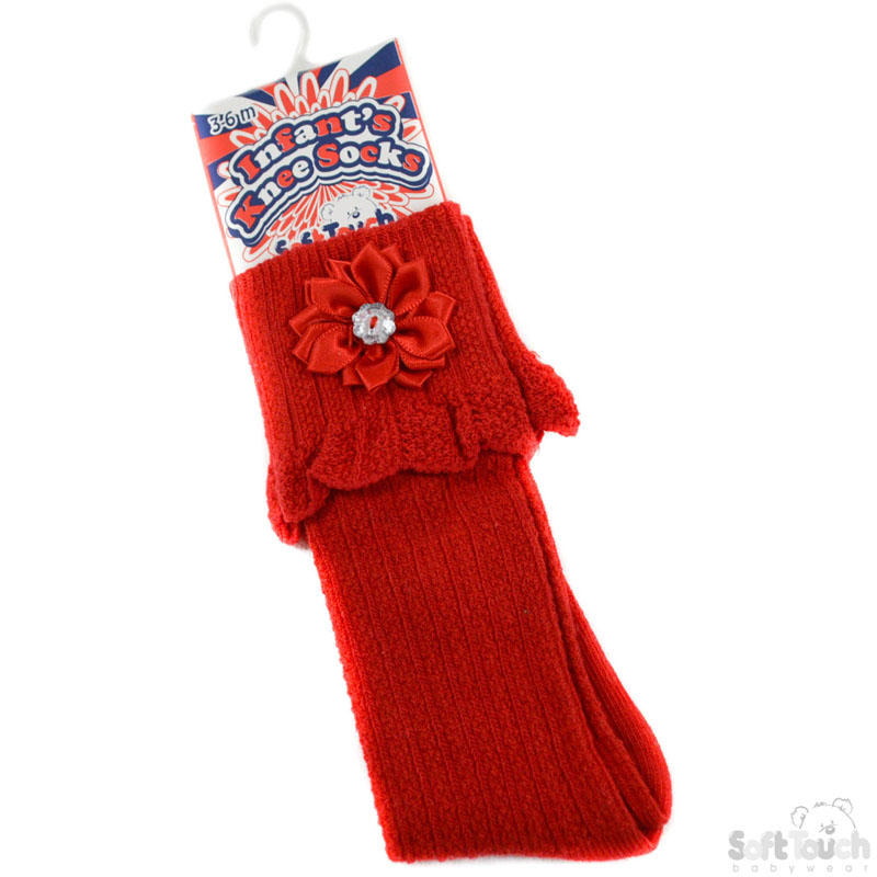 Red Ribbed Knee Length Socks W/Flower No. S48-R