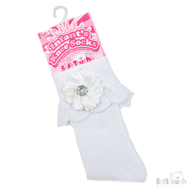 White Ribbed Knee Length Socks W/Flower No. S48-W