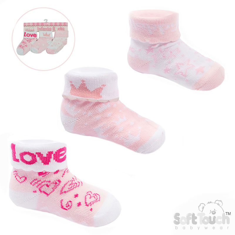 Girls 3 Pack Pink Turnover Socks : S500