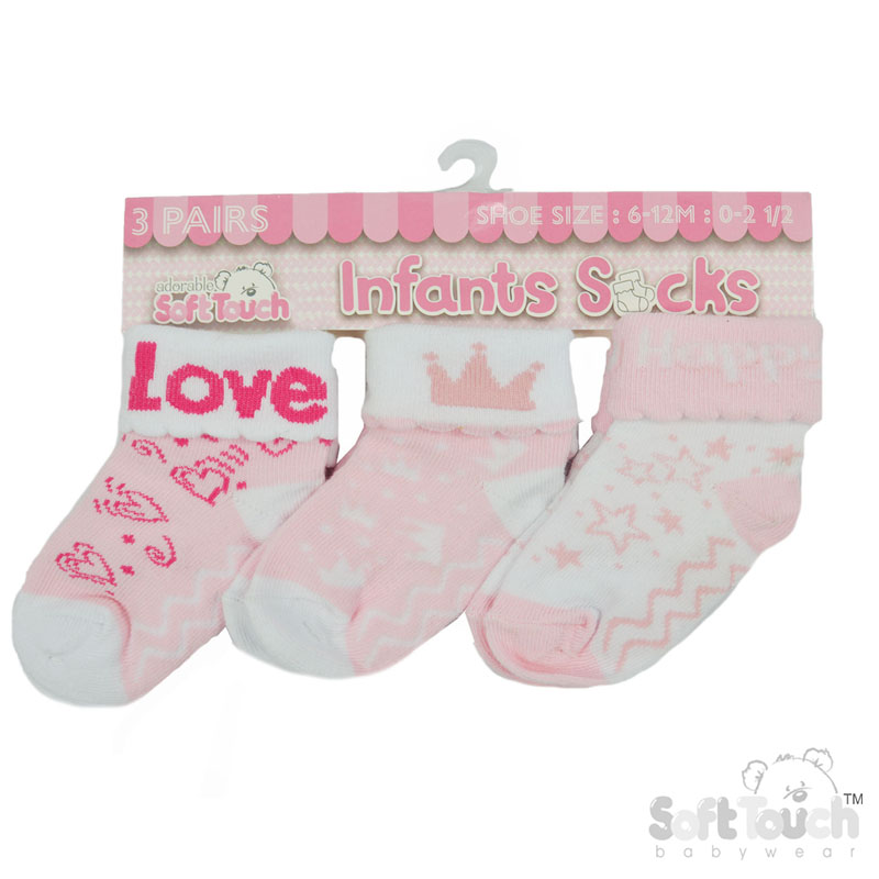 Girls 3 Pack Pink Turnover Socks : S500