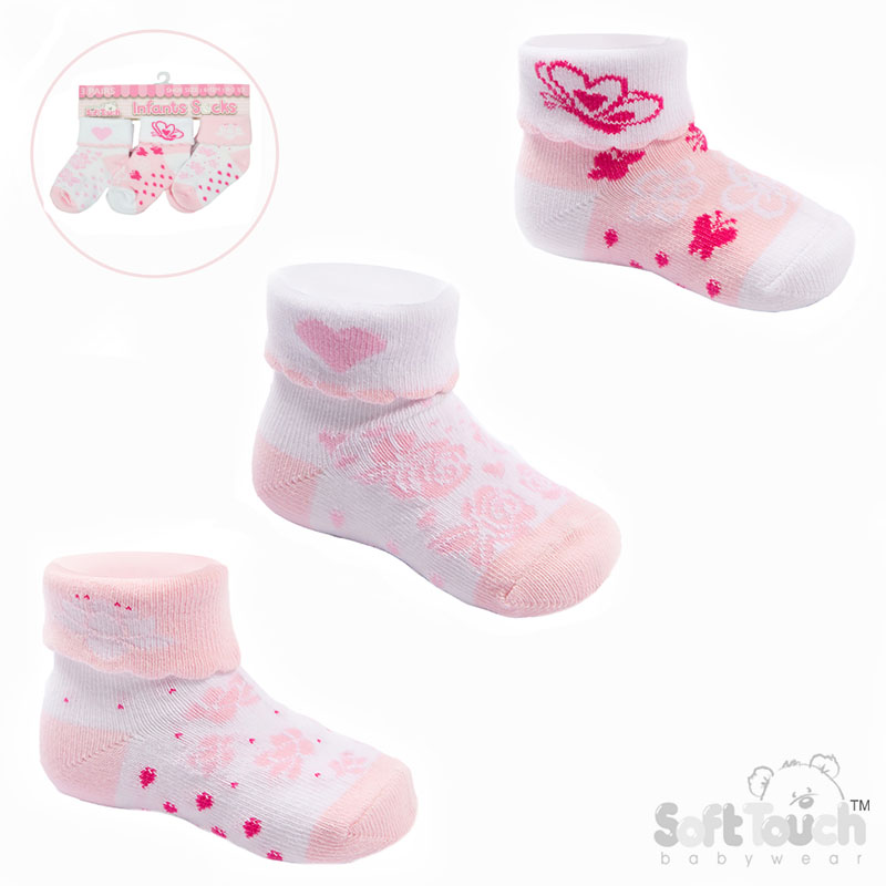 Girls 3 Pack Pink Turnover Socks : S501