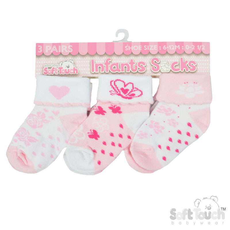 Girls 3 Pack Pink Turnover Socks : S501