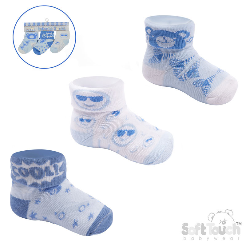 Boys 3 Pack Blue Turnover Socks : S502