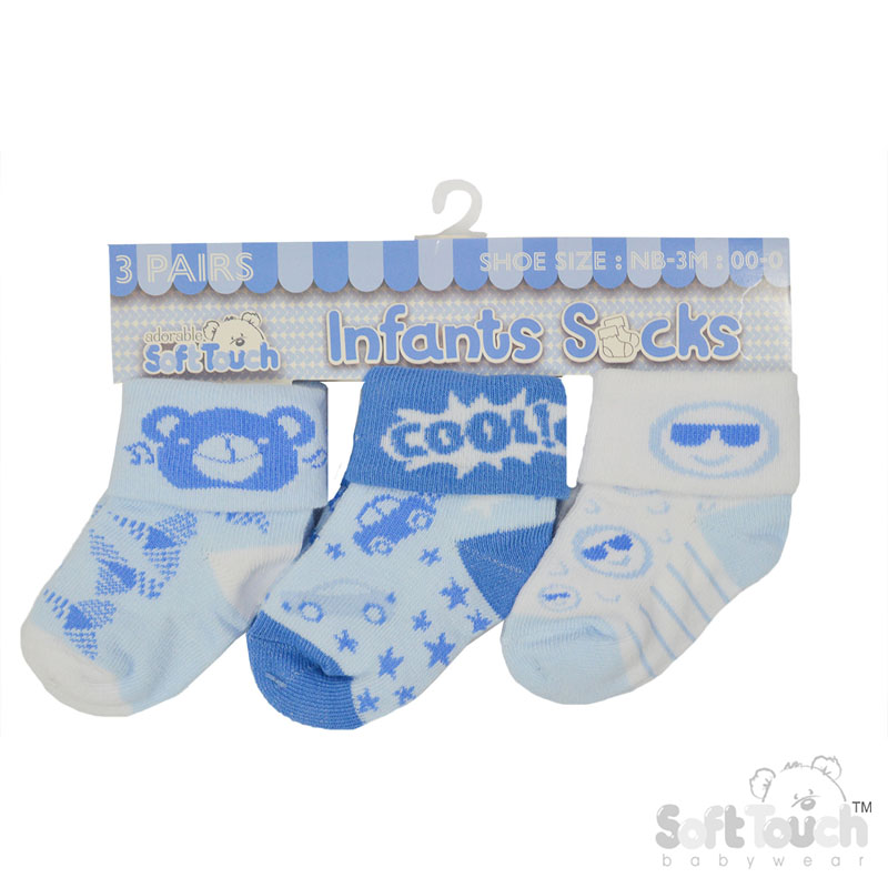 Boys 3 Pack Blue Turnover Socks : S502