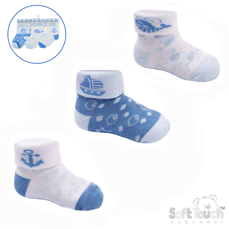 Boys 3 Pack Blue Turnover Socks : S503