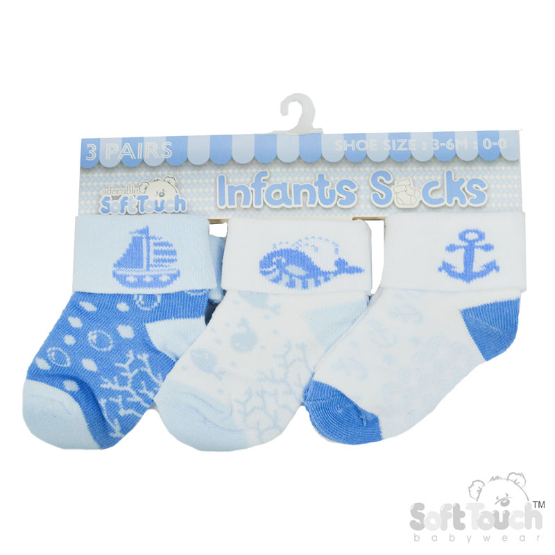Boys 3 Pack Blue Turnover Socks : S503