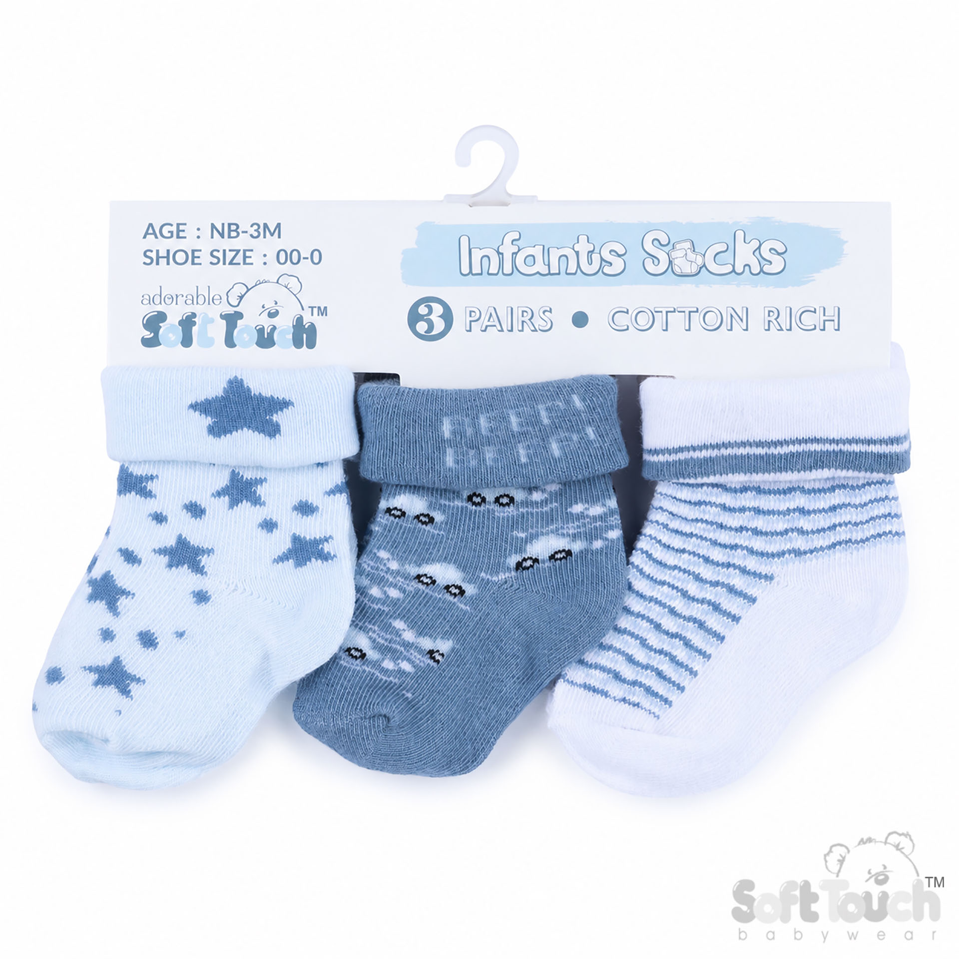 3 Pack Blue Turnover Socks : S506-B-NB-3