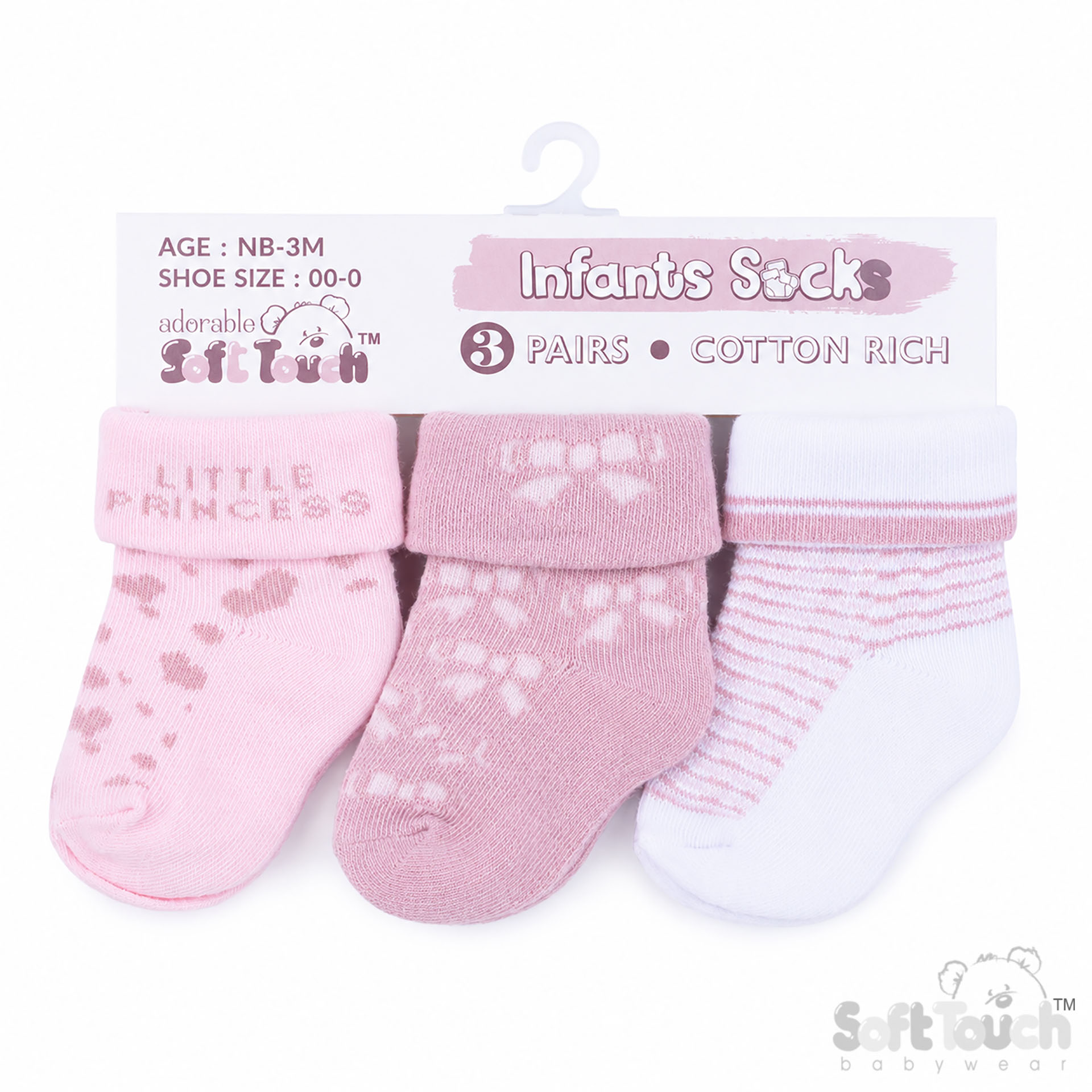 3 Pack Pink Turnover Socks : S506-P-NB-3