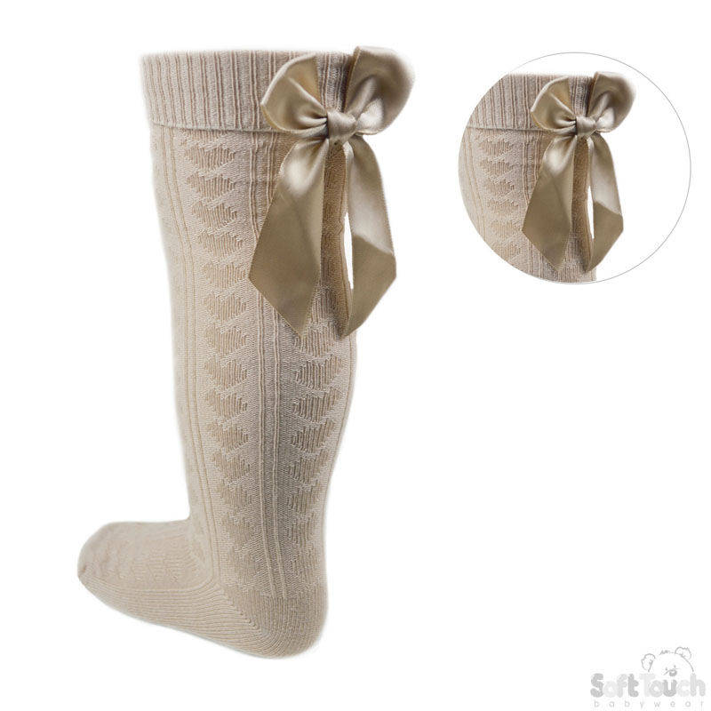Beige Childrens Knee Length Socks W/Bow No. S51-BE