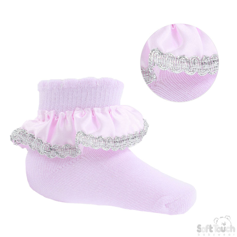 Pink Socks W/Satin Lace & Silver Trim No. S52-P
