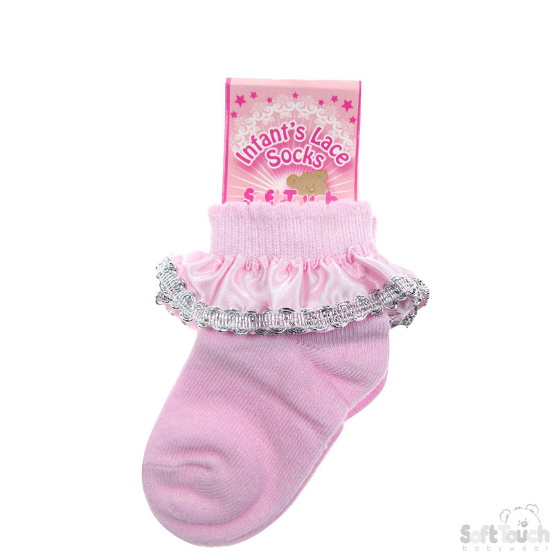 Pink Socks W/Satin Lace & Silver Trim No. S52-P
