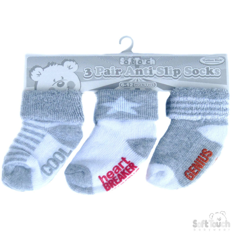 Grey 3 Pack Anti-Slip Terry Socks No. S60-G
