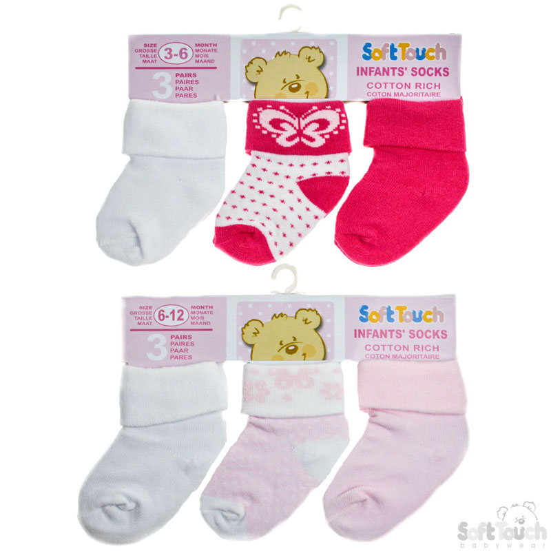 Girls 3 Pack Turnover Socks-2 Designs No.S63