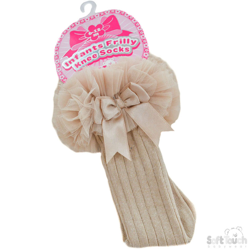 Beige Frilly Knee Socks W/Bow No. S72-BE
