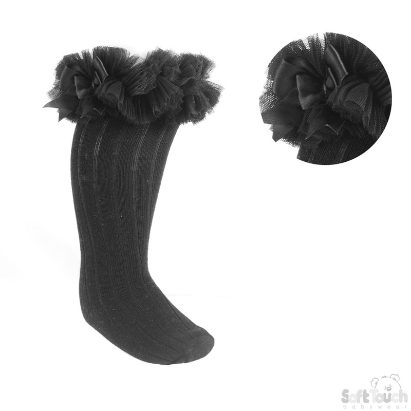 Black Frilly Knee Socks W/Bow Mo. S72-BLK