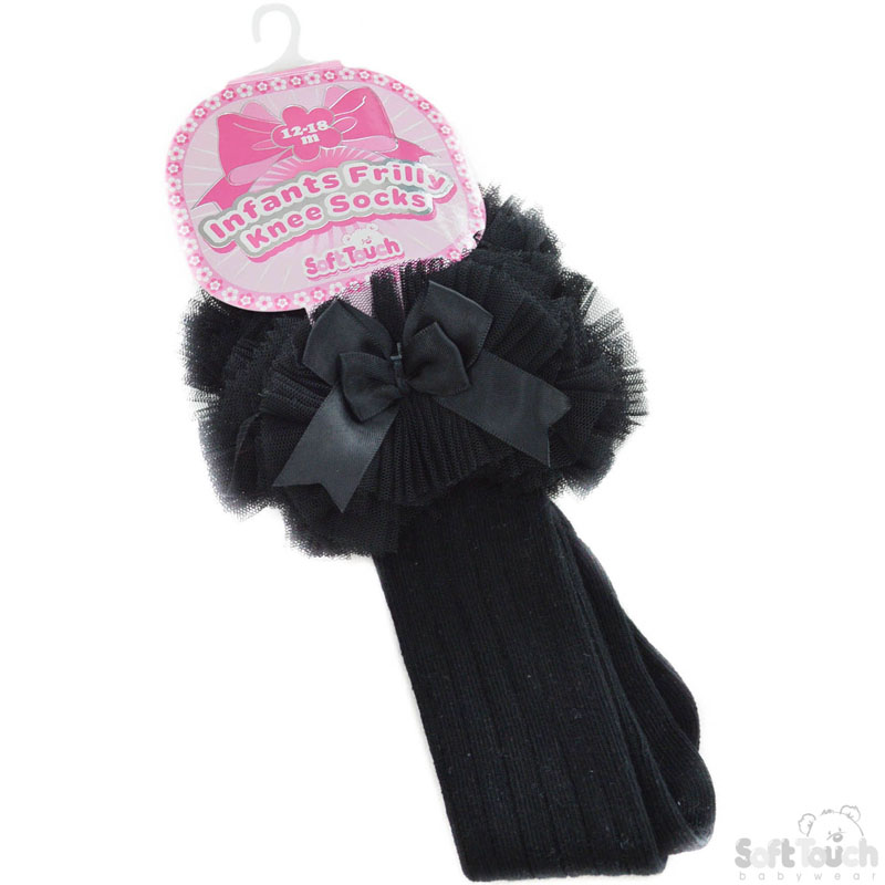 Black Frilly Knee Socks W/Bow Mo. S72-BLK
