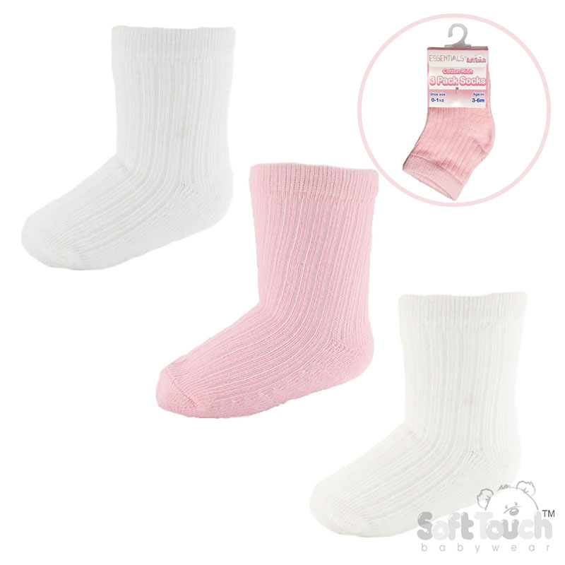Pink/White/Cream 3 Pack Ribbed Socks : S82-P-3-6m