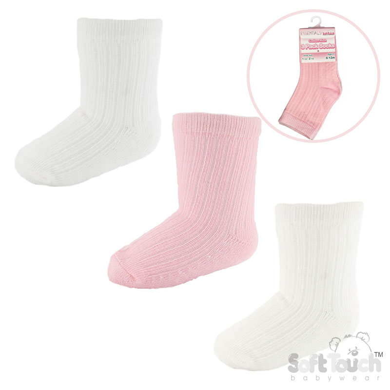 Pink/White/Cream 3 Pack Ribbed Socks : S82-P-6-12m