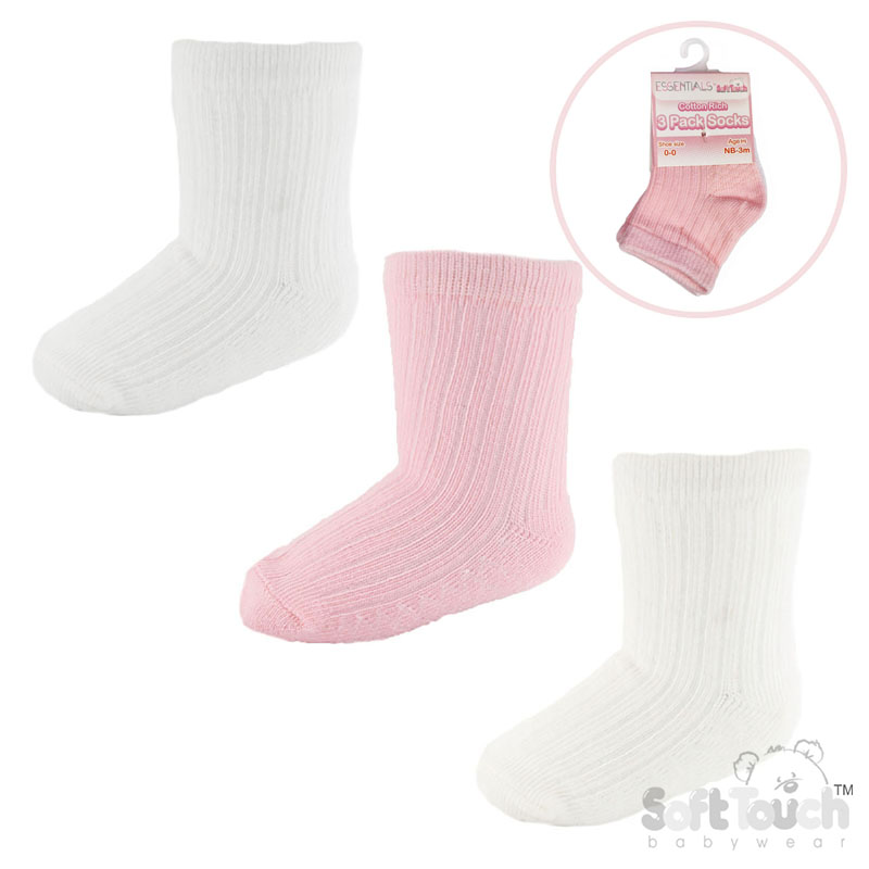 Pink/White/Cream 3 Pack Ribbed Socks : S82-P-NB-3m