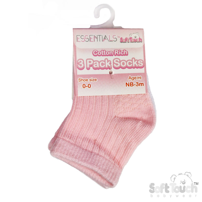 Pink/White/Cream 3 Pack Ribbed Socks : S82-P-NB-3m
