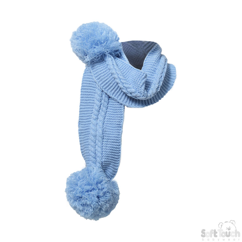 Blue Plain/Striped Scarf W/Pom Poms No. SC02-B-SM