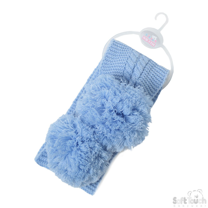 Blue Plain/Striped Scarf W/Pom Poms No. SC02-B-SM