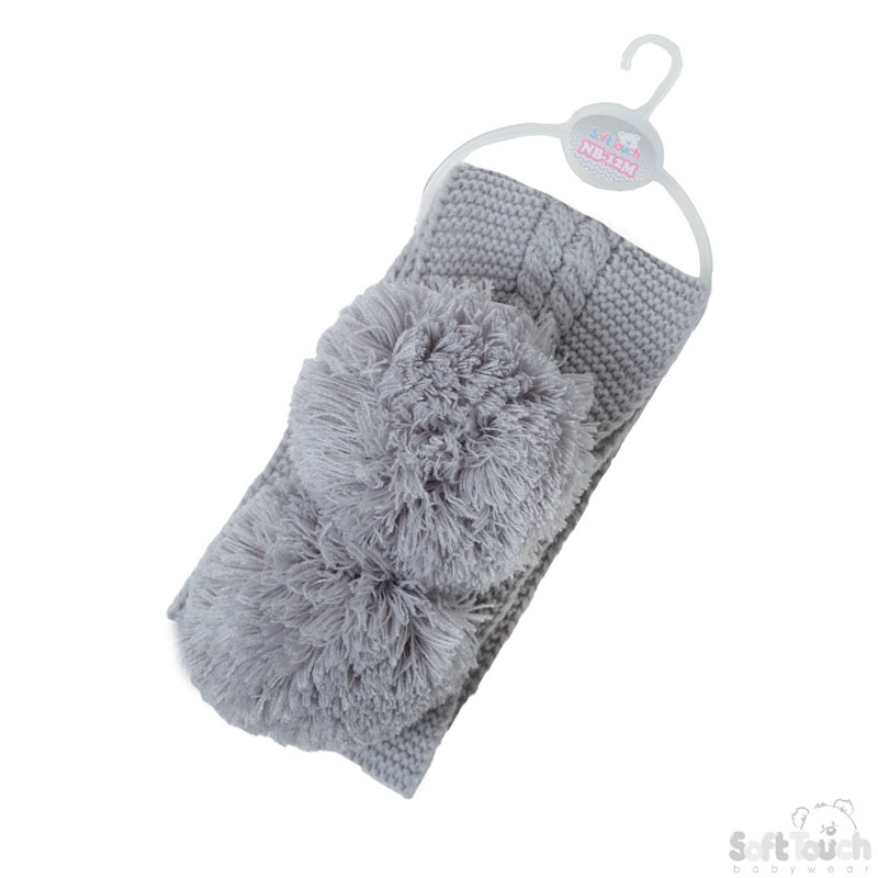 Grey Plain/Striped Scarfw/Pom Poms No. SC02-G-SM