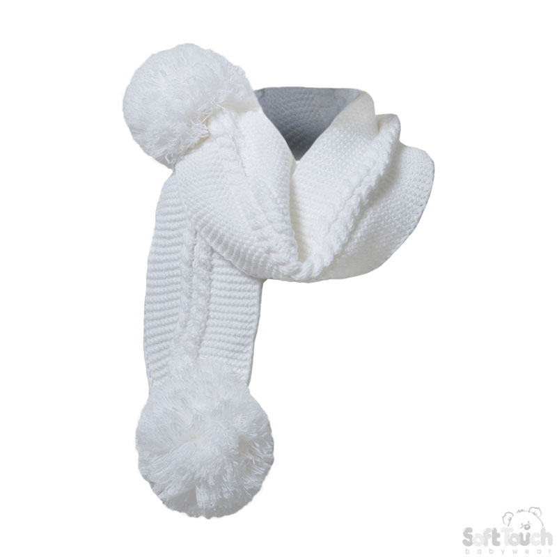 White Plain/Striped Scarf W/Pom Poms No. SC02-W-SM