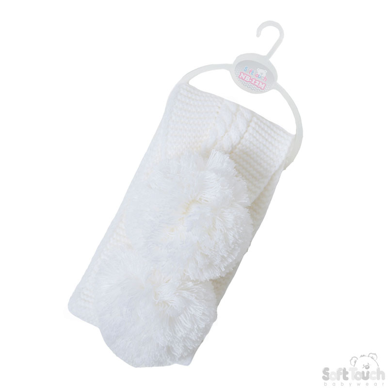 White Plain/Striped Scarf W/Pom Poms No. SC02-W-SM