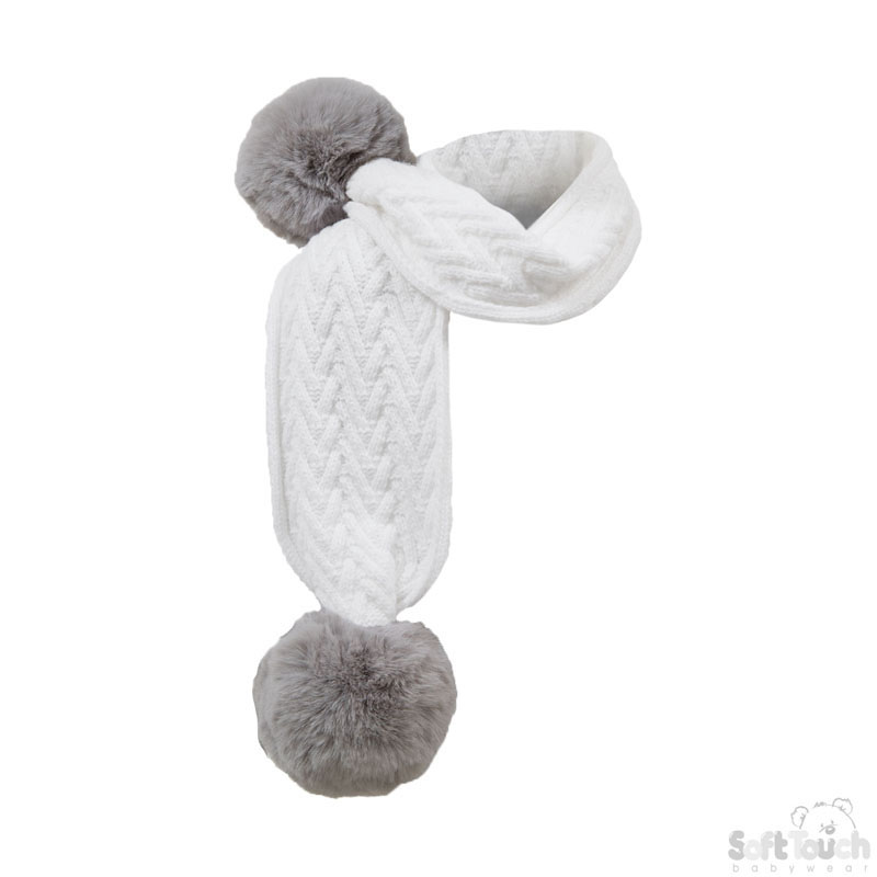 White Cheveron Scarf W/Pom Pom No SC04-W-SM