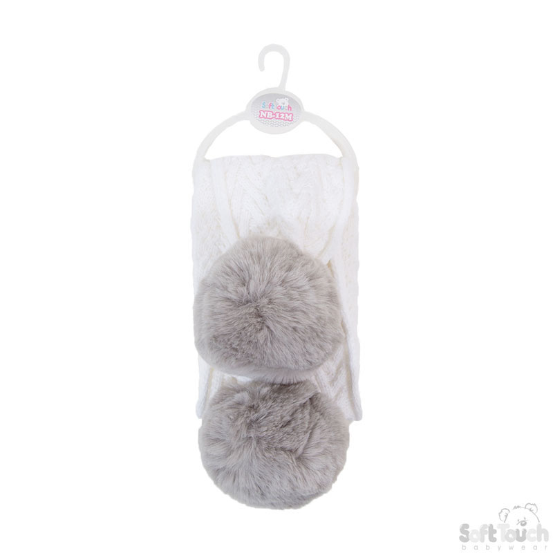 White Cheveron Scarf W/Pom Pom No SC04-W-SM