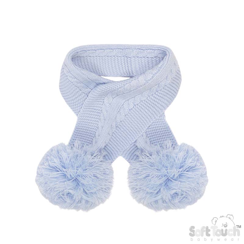 Blue 'Elegance' Cable Knit Scarf w/Pom Poms : SC12-B