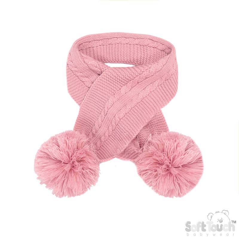 Dusty Pink 'Elegance' Cable Knit Scarf w/Pom Poms : SC12-DP