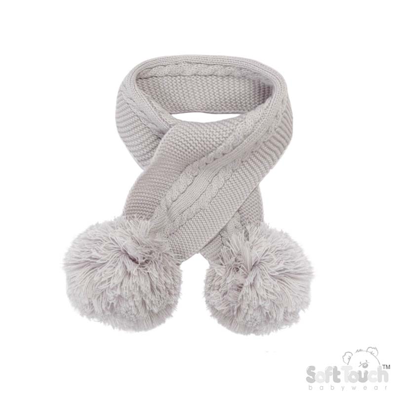 Grey 'Elegance' Cable Knit Scarf w/Pom Poms : SC12-G