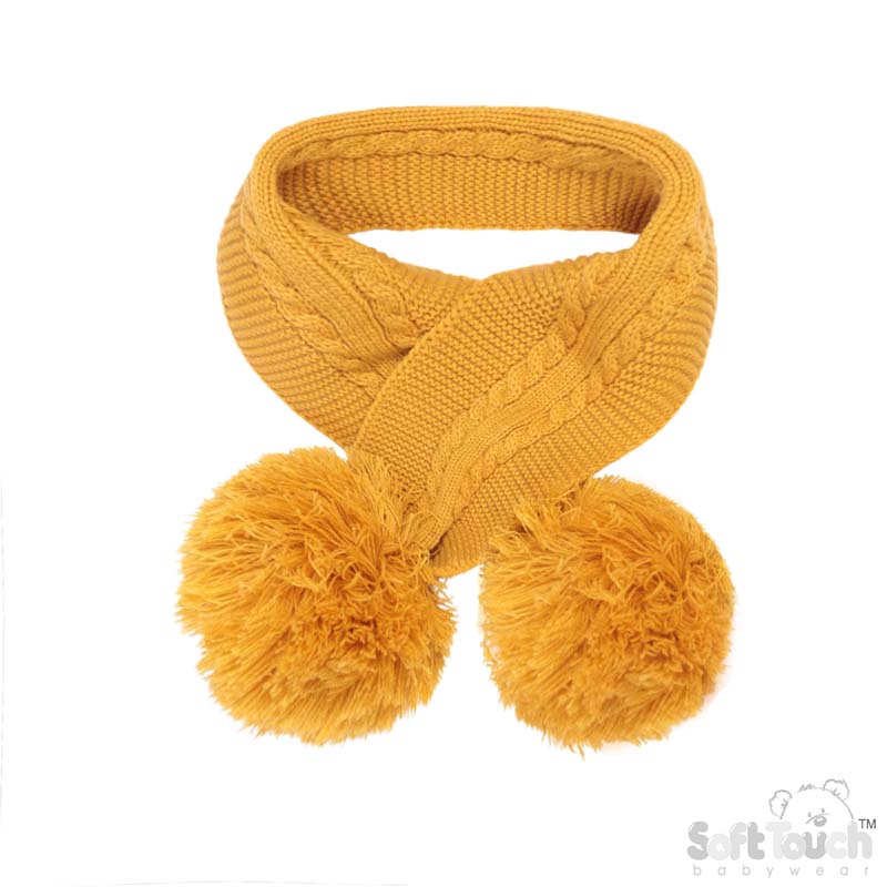 Mustard 'Elegance' Cable Knit Scarf w/Pom Poms : SC12-M