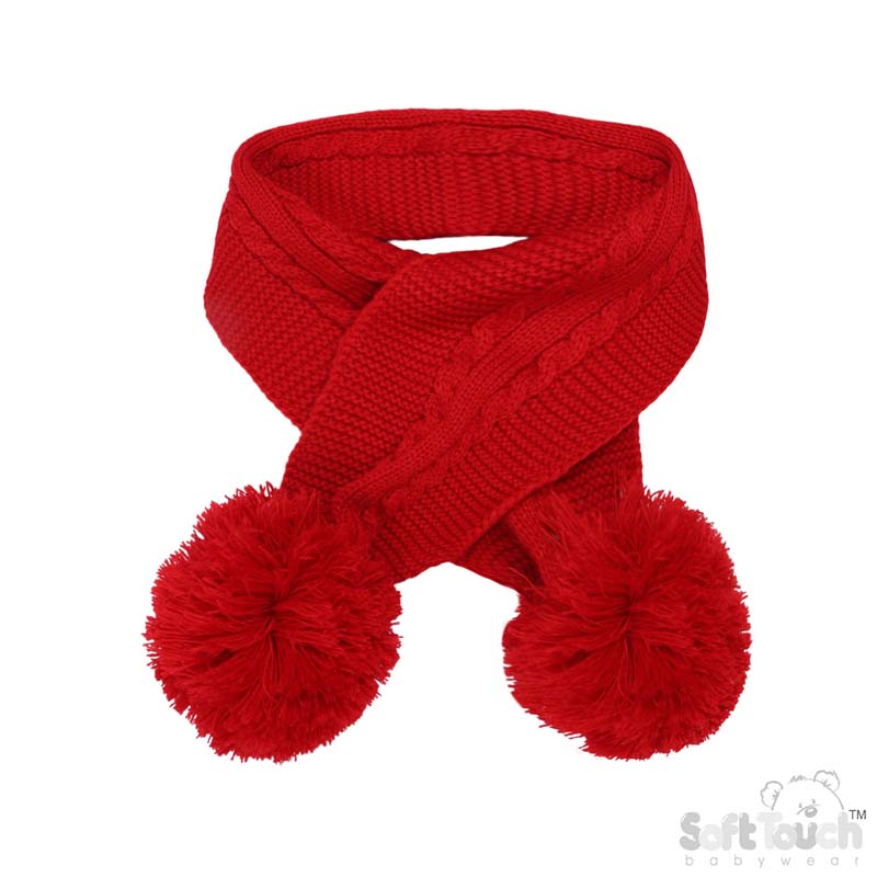 Red 'Elegance' Cable Knit Scarf w/Pom Poms : SC12-R