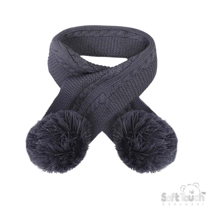 Steel Blue 'Elegance' Cable Knit Scarf w/Pom Poms : SC12-SB